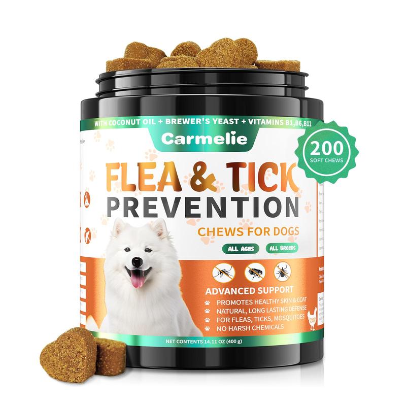 Carmelie Flea & Tick Support Chews for Dogs, 120 & 200 Chews, Plant-Based Chicken Flavor, for All Breeds and Ages